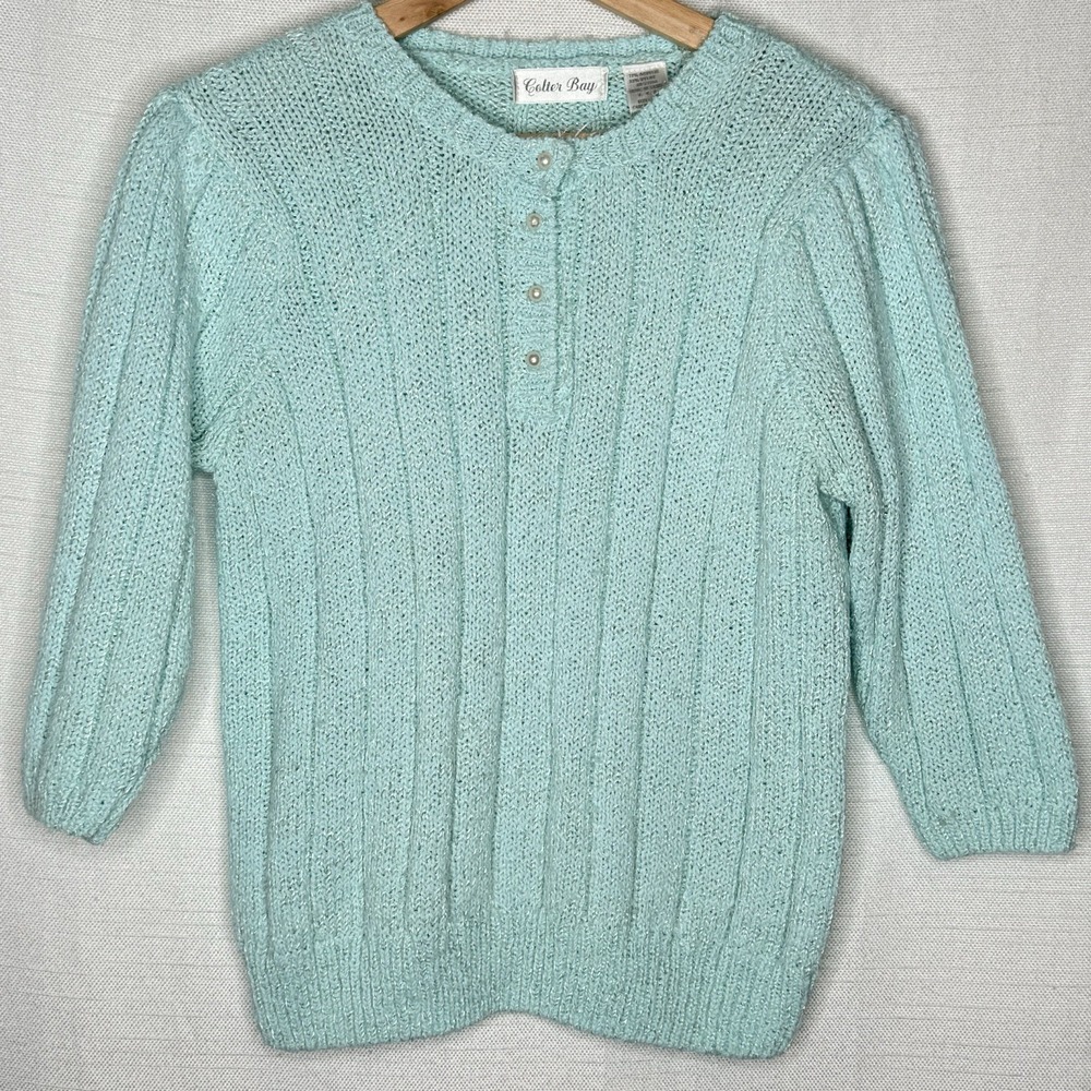 VTG Colter Bay Blue Knit Pearl Button Sweater Womens M Pastel Kawaii Soft Girl